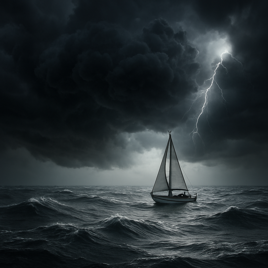 Velero navegando en condiciones de tormenta con cielo amenazante